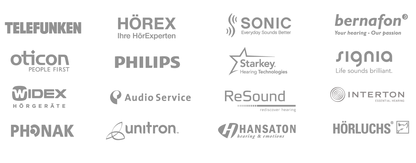 Logos bekannter Hörgeräte Marken wie Phonak, Oticon, Widex, Signia und Philips nebeneinander.